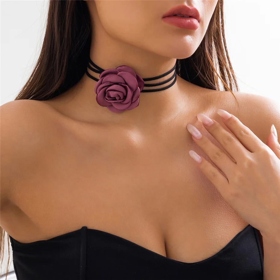 Gothic Elegant Big Rose Flower Clavicle Chain Necklace Women Wed Bridal Sexy Adjustable Choker Mariage Jewelry Y2K Accessories
