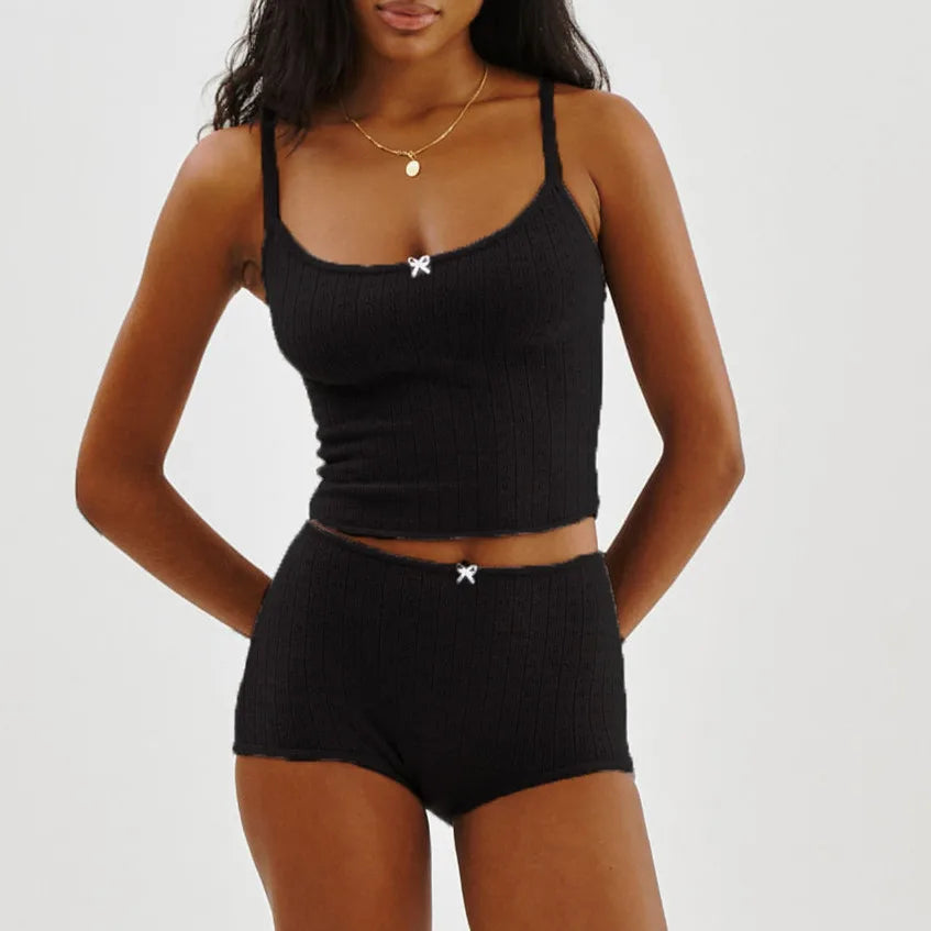 Women 2 Piece Cotton Lounge Set Long Sleeve/Spaghetti Strap Ribbed Knit Crop Top Bodycon Shorts Solid Pajama Sleepwear
