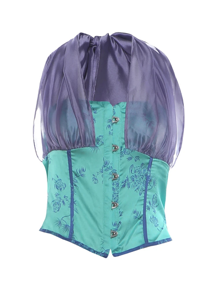 Sweet 2-Piece Set Women Patchwork Tassel Single-Breasted Line Decoration Tank Top+Folds See Through Skirt Chic Suit