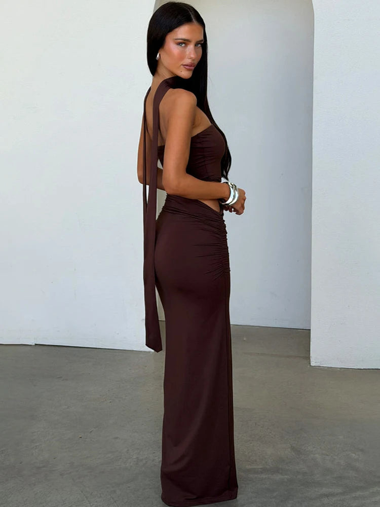 Halter Neck Strapless Sexy Maxi Dress Women Summer Elegant Off-shoulder Ruched Cutout Bodycon Party Long Dresses