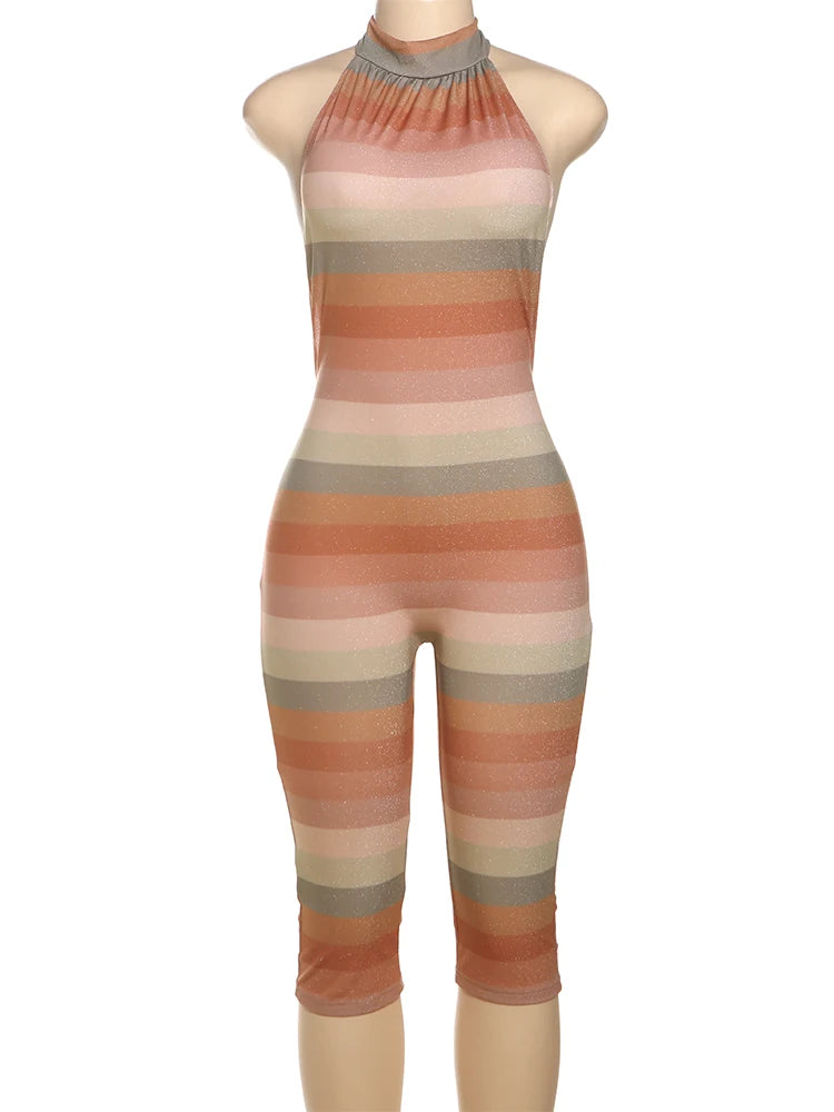 Backless Romper Women Colorful Print Sleeveless Summer Fit Bright Silk Midnight Club Workout Activity Sexy Overalls