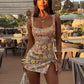 Colorful Flower Print Mini Dress Women Sequins Patchwork Skinny Backless Sleeveless Vacation Trend Elegant Outfits