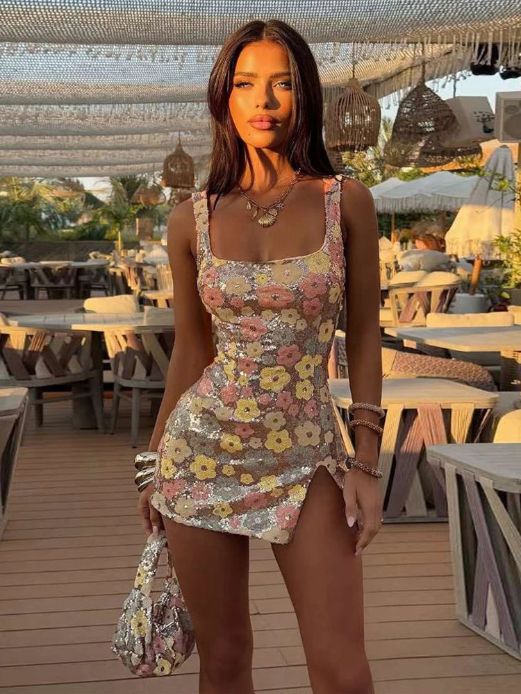 Colorful Flower Print Mini Dress Women Sequins Patchwork Skinny Backless Sleeveless Vacation Trend Elegant Outfits