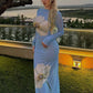 Mesh See Through Sexy Print Maxi Dress Women Summer Fashion Long Sleeve Lace-up Backless Beach Club Party Long Dress
