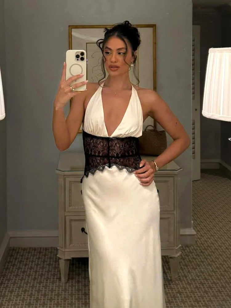 Elegant Lace Trim Satin White Maxi Dress Deep V Backless Long Gown Dresses for Ladies Sexy Birthday Outfits