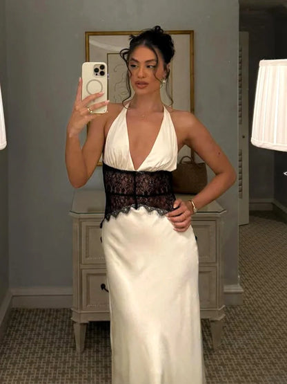 Elegant Lace Trim Satin White Maxi Dress Deep V Backless Long Gown Dresses for Ladies Sexy Birthday Outfits