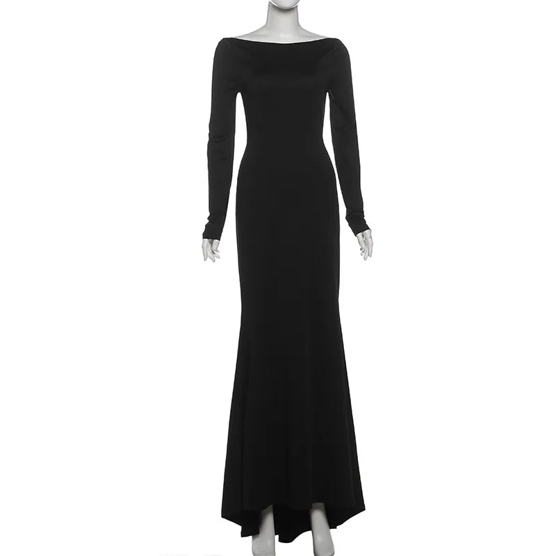 Chain Backless Long Sleeve Maxi Dress Black Prom Gowns Elegant Sexy Evening Party Dresses for Woman
