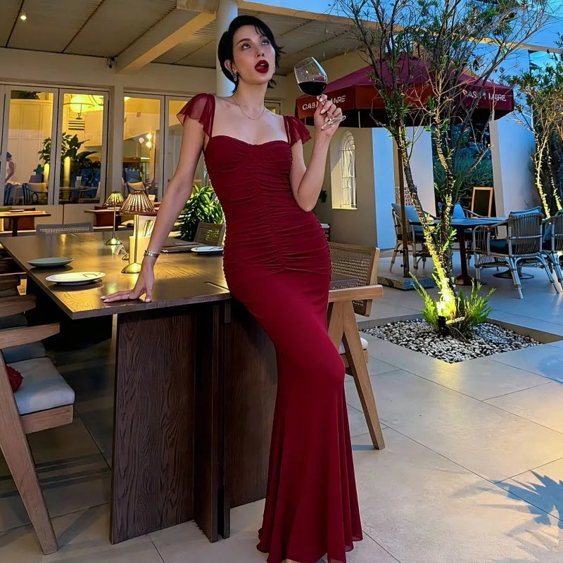 Elegant Burgundy Ruched Mermaid Maxi Dresses 2026 Woman Party Gown Dress Wedding Guests Birthday