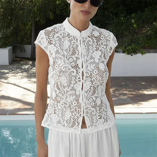 Summer Women Hollow Floral Lace Tank Top Stand Collar Frog Buttons Cap Sleeve Slim Fit See Through Blouse Oriental Shirt