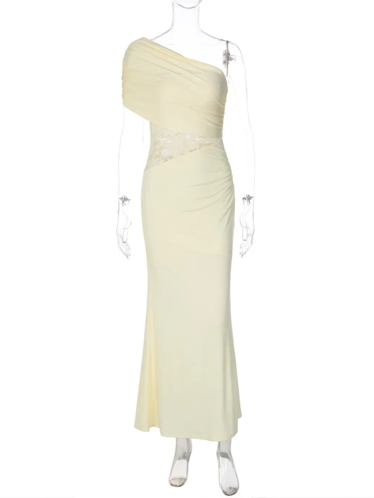 Lace One Shoulder Sexy Maxi Dress Women Elegant Diagonal Collar Sleeveless Backless Bodycon Club Party Long Dresses