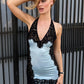 Halter Lace Deep V Neck Backless Sexy Mini Dress Women Elegant Lace Trim Satin Sleeveless Bodycon Club Party Dresses