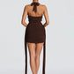 Halter Deep V Neck Backless Sexy Mini Dress Women Teardrop Crystals Off-shoulder Draped Ruched Skinny Club Party Dress