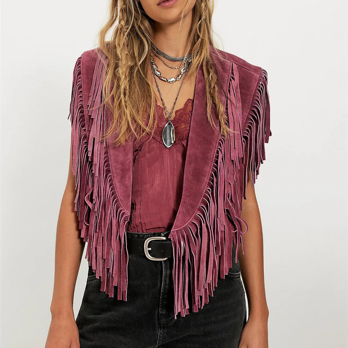 Women's Bohemian Fringe Suede Vest Open Front Cropped Sleeveless Fringe Jacket Western Cowgirl Vintage Streetwear