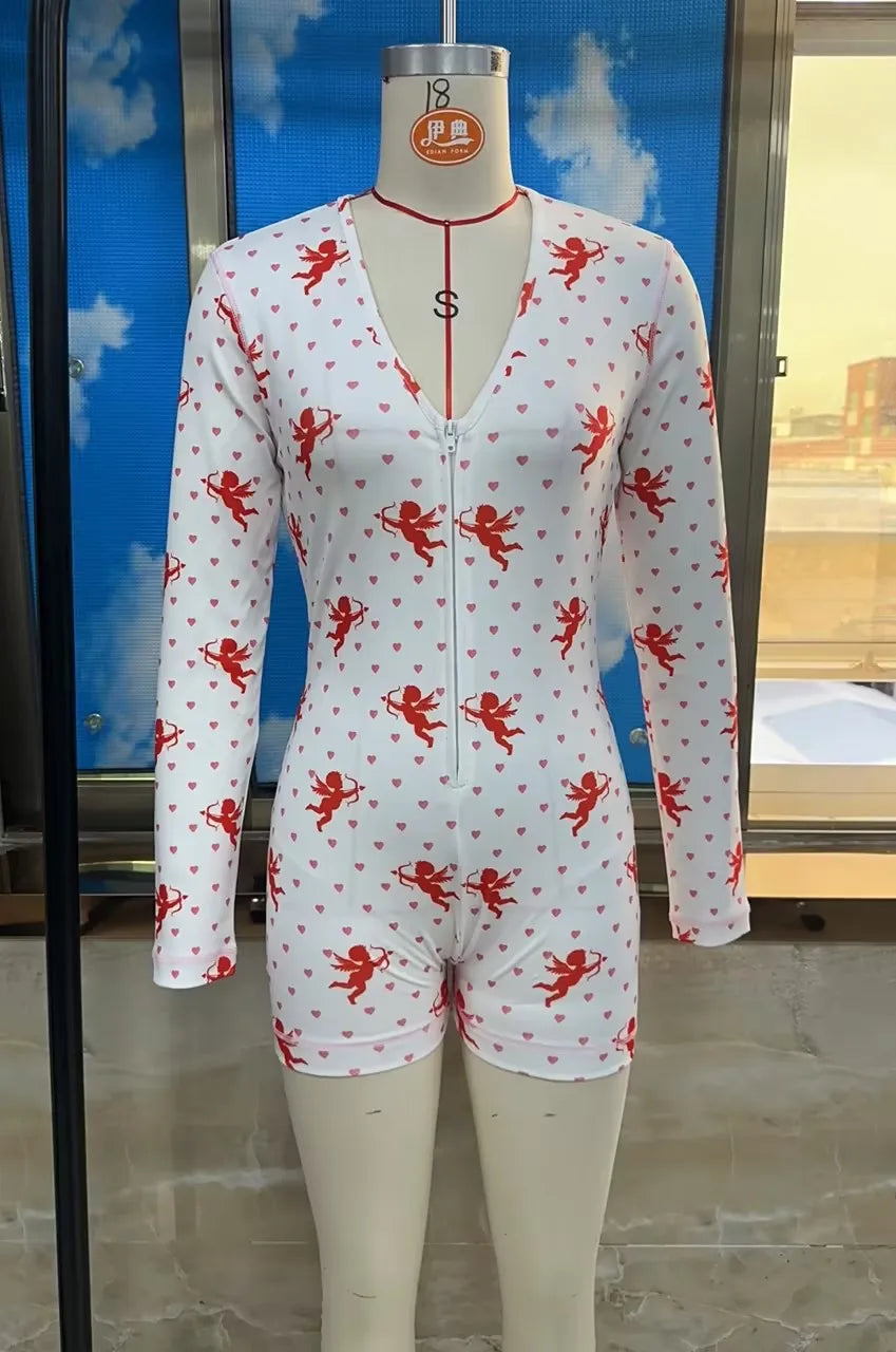 Women Sexy Bodysuit Pajama Heart Print Deep V-Neck Long Sleeve Shorts Jumpsuit Y2k Button Front Rompers Overall