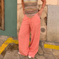 Women Summer Linen Wide Leg Pants Elastic Drawstring Waist Loose Flowy Trouser With Pockets Beach Vacation Palazzo Pants