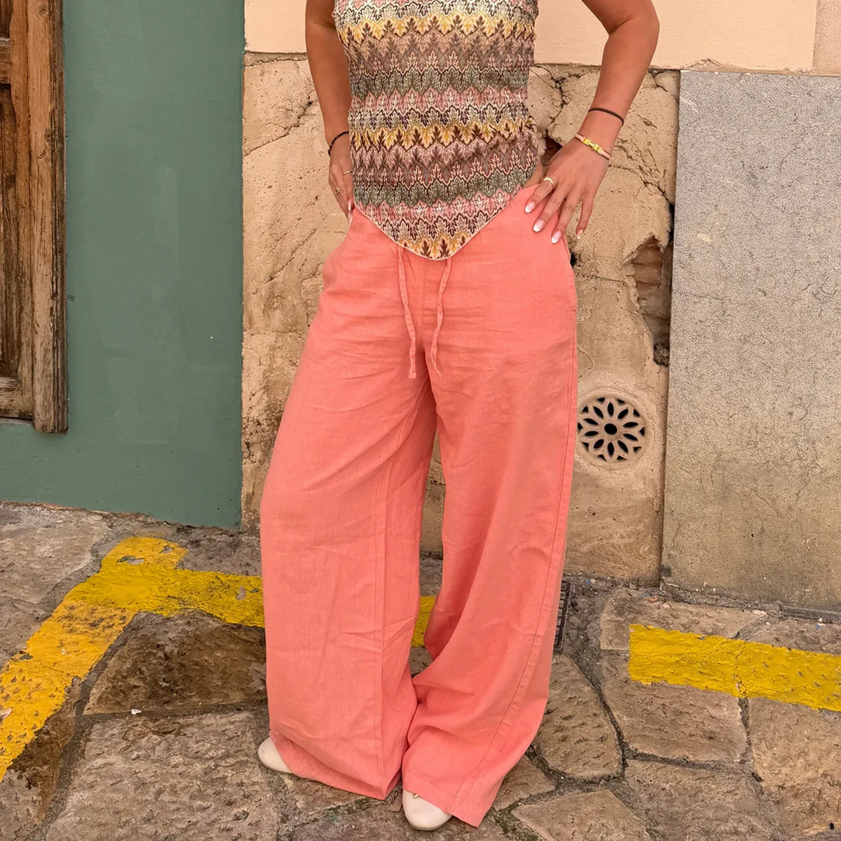 Women Summer Linen Wide Leg Pants Elastic Drawstring Waist Loose Flowy Trouser With Pockets Beach Vacation Palazzo Pants