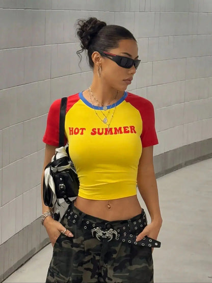Letter Print Crop Tops Women Chic Short Sleeve Patchwork Casual Simple Tight Wild Basic Streetwear Y2K Hipster Tees