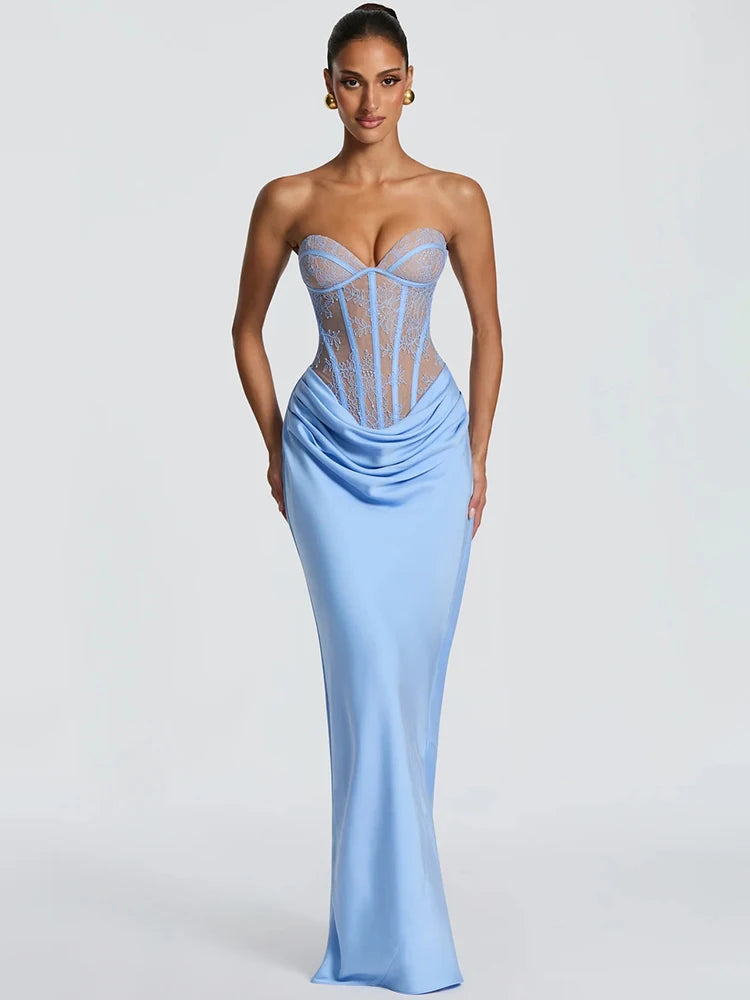 Lace Corset Satin Mermaid Maxi Dress Women Elegant Strapless Sweetheart Neck Ruched Waist Bodycon Evening Party Gown