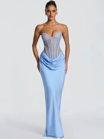 Lace Corset Satin Mermaid Maxi Dress Women Elegant Strapless Sweetheart Neck Ruched Waist Bodycon Evening Party Gown