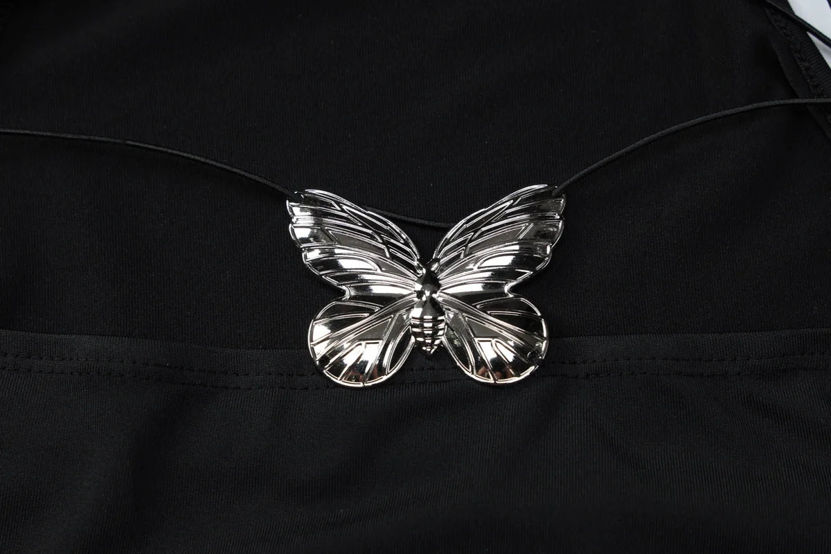 Butterfly Hollow Backless Mini Dress Sexy Black Bodycon Dresses Woman Clothes Y2k Club Outfits