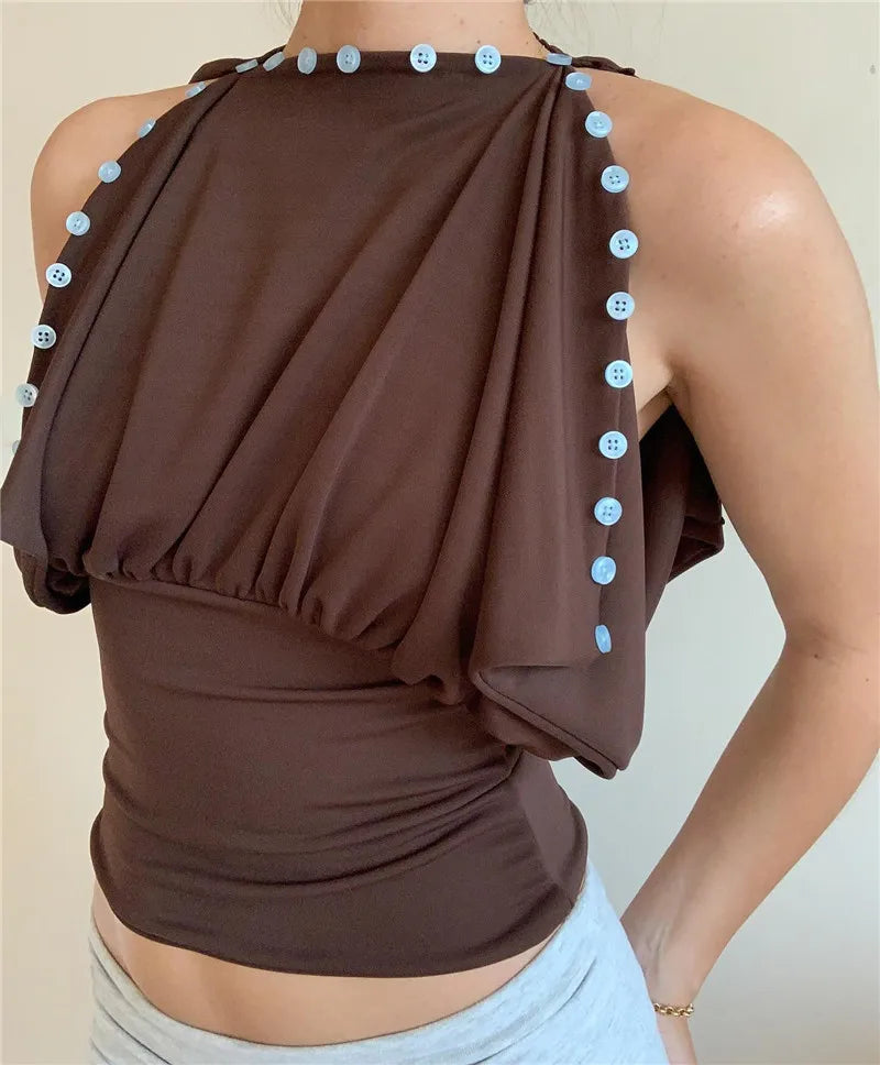 Y2K Vintage Off Shoulder Draped Blouse With Button Trim Slim Fit Ruched Waist For Women Casual Streetwear Party Top