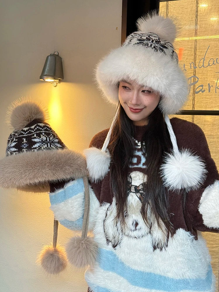 Cute Fair Isle Plush Lining Strap Pom Pom Knit Beanie For Women