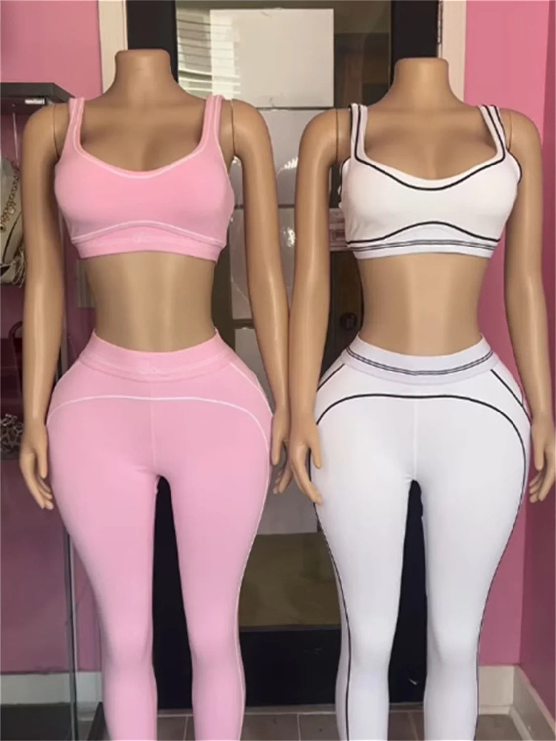 Casual Sporty 2 Piece Set Women Tracksuit Patchwork Stretch Tank Top+Leggings Stripe Matching Street Skinny Outfits