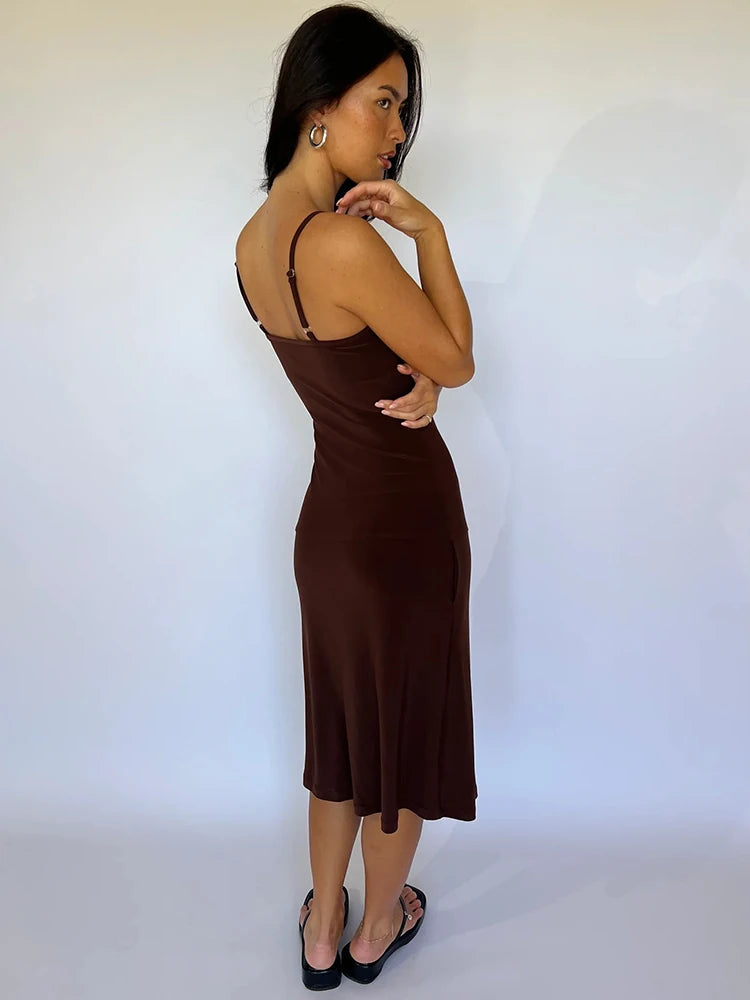 Spaghetti Strap Backless Sexy Midi Dress Women Elegant Sleeveless Bodycon Club Party Slip Long Dress Female Clothes