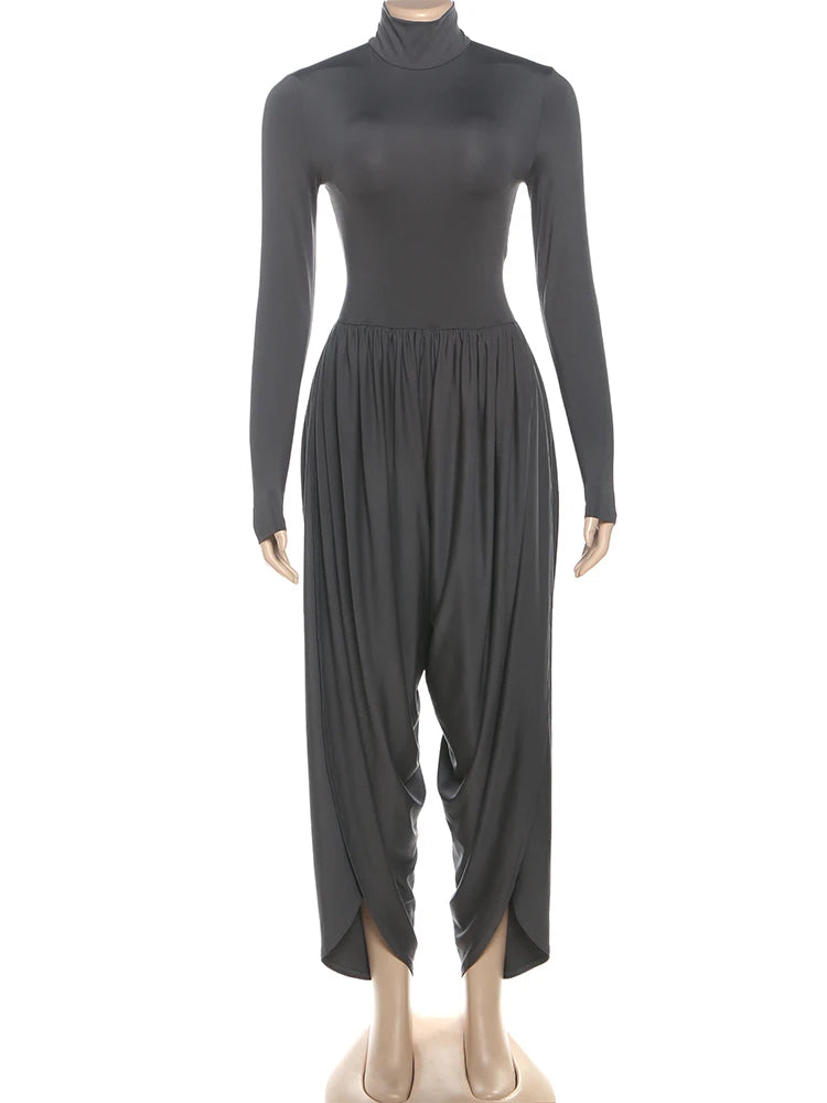 Casual Office Jumpsuit Woman Ruched y2k Trend Turtleneck Full Sleeve Streetwear Simple Basic Elegant Fall Overalls