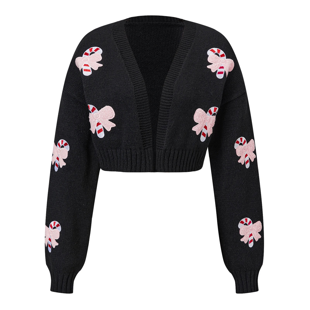 Women Christmas Candy Cane Bow Patch Cropped Knit Cardigan V Neck Long Sleeve Short Sweater Holiday Casual Outerwear