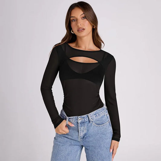See Through Mesh Cut Out Long Sleeve Tops Sexy Black Shirts & Blouses Women Trending Clothing Wholesale