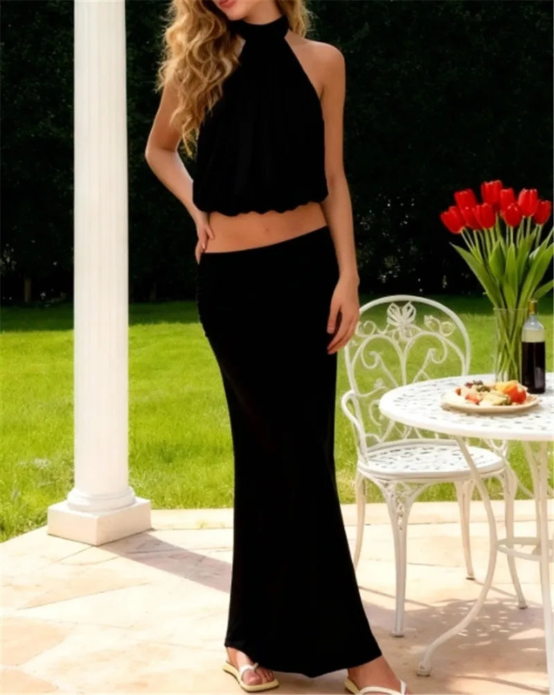 Halter Backless Crop Top And Ruched Maxi Skirt 2 Piece Set Sheer Mesh Sleeveless Y2K Summer Outfits For Women Club Party