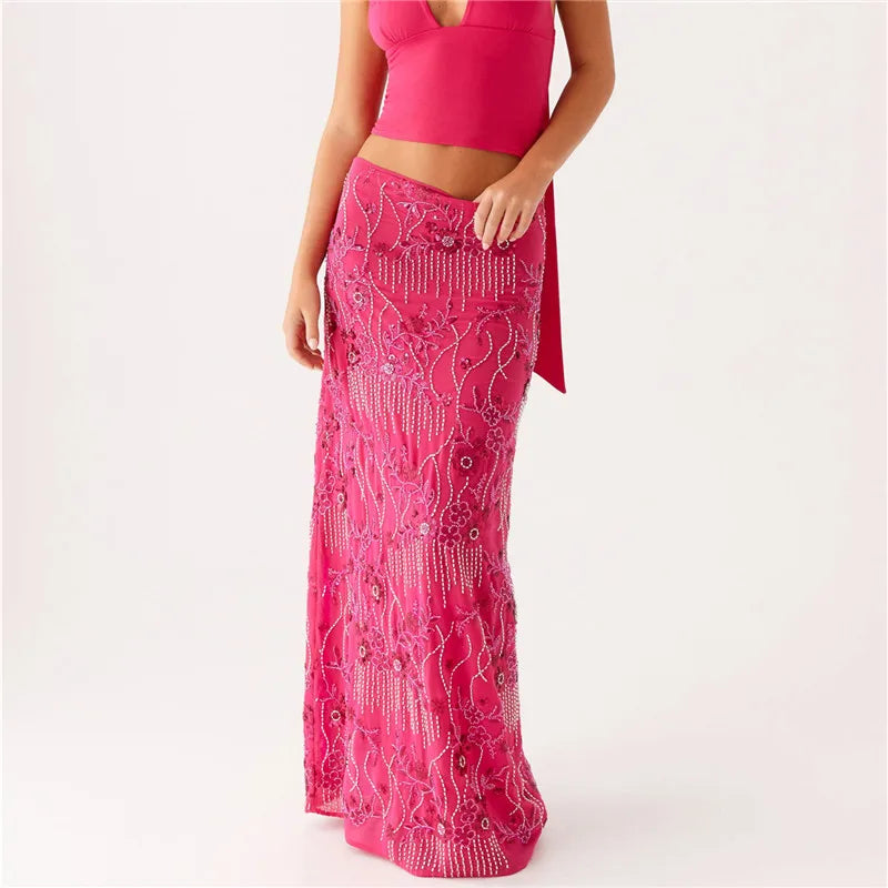 Women Sequin Beaded Maxi Skirt Y2K Sparkly High Waist Bodycon Skirt Night Out Party Glitter Long Skirt Vacation Clubwear
