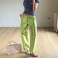 Women Glossy Satin Cargo Pants Drawstring Elastic Waist Loose Straight Leg with Pockets Y2K Casual Ankle Length Trousers