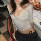 Women Solid Ruched Bust V Neck 3/4 Sleeve Crop Top Low Cut Off Shoulder Slim Fit T Shirt Y2K Aesthetic Casual Streetwear