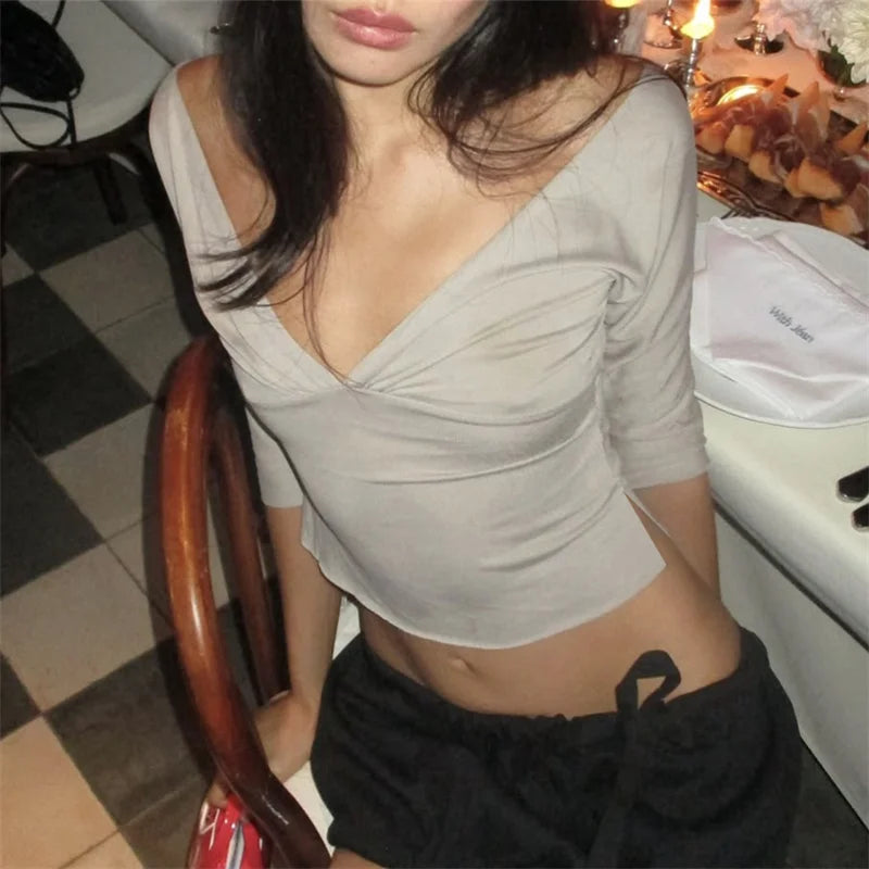 Women Solid Ruched Bust V Neck 3/4 Sleeve Crop Top Low Cut Off Shoulder Slim Fit T Shirt Y2K Aesthetic Casual Streetwear