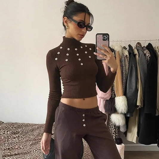 Shell Buckle Turtleneck Long Sleeve Top Brown Knit Tight Fitted T Shirts Fashion Autumn Clothes for Woman