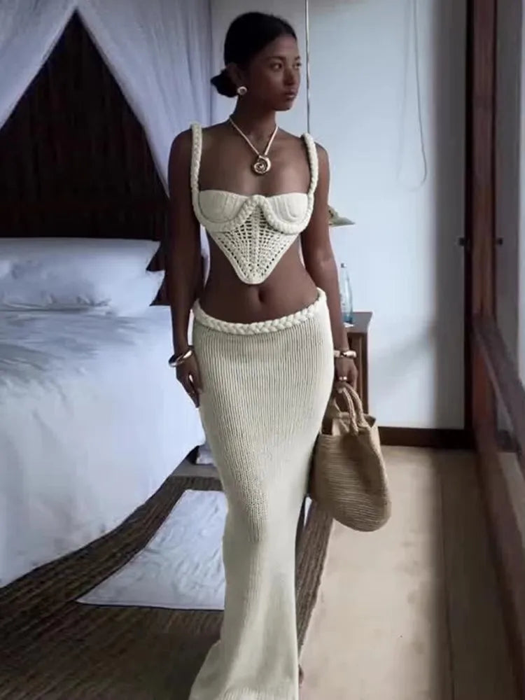 Crochet Shirring 2 Piece Set Women Cross Bandage Backless Irregular Tops+Solid Long Skirts Vacation Beach Style Suits