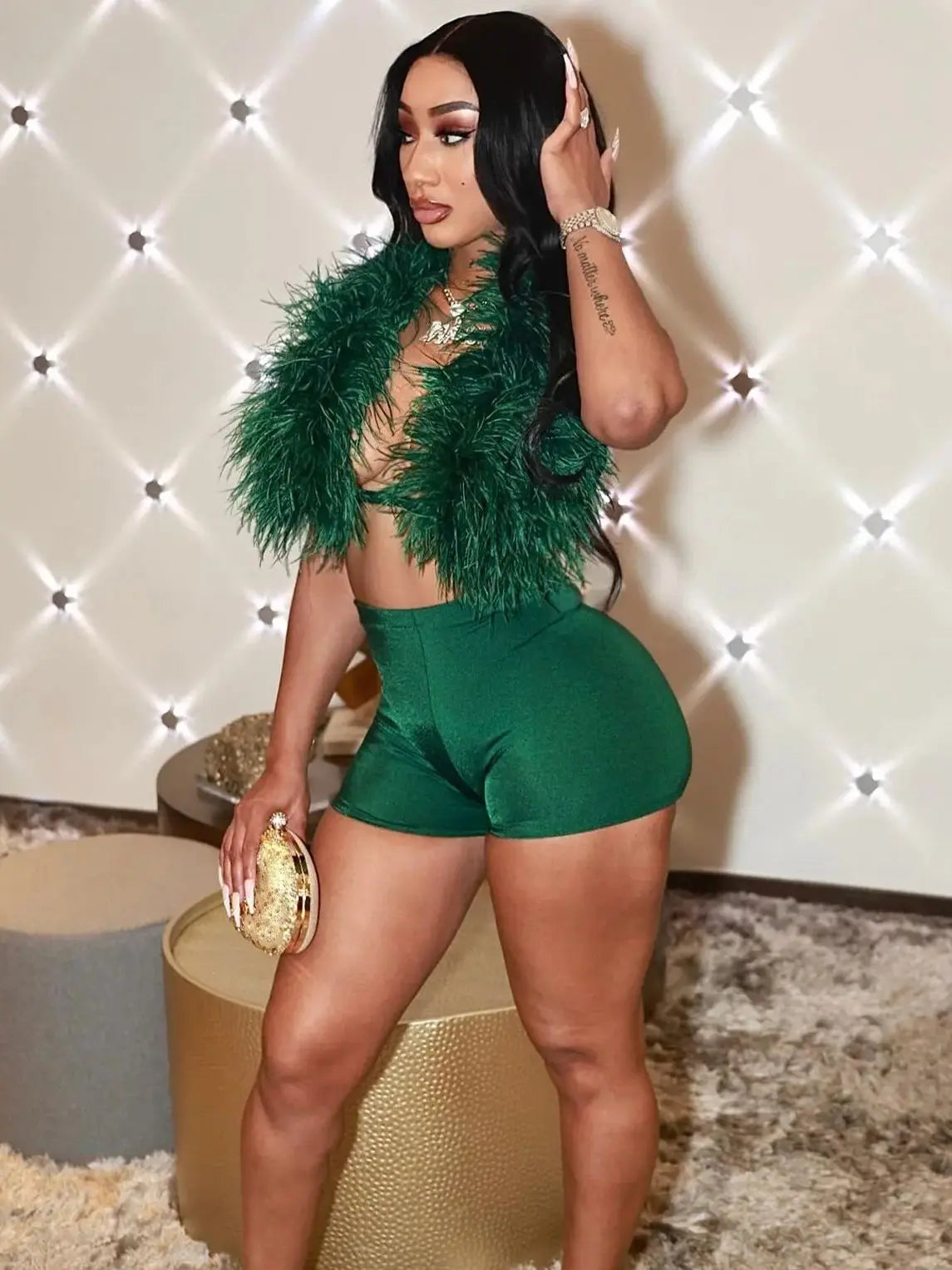 Sexy Hipster Fur 2Piece Set Women Luxury Tank Tops+Tight Stretch Shorts Y2K Summer  Midnight Clubwear Party Outfits