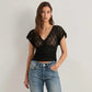 Black Lace Sheer V Neck Crop Top with Short Cap Sleeves Sexy T Shirts Fashion 2026 Woman Clothing