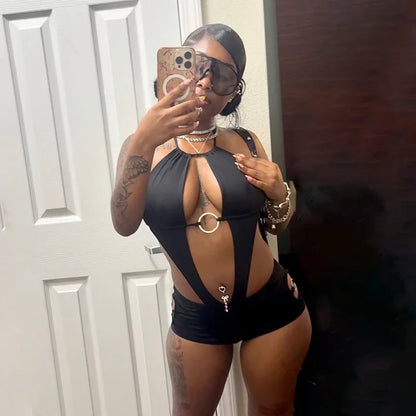 Women's Sexy Halter Neck Cutout Ring Detail Romper Backless Tie Up Bodycon Short Jumpsuit Y2K Rave Festival Outfit