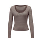 Women Striped Contrast Binding V Neck Long Sleeve Crop Top Ribbed Slim Fitted T Shirt Y2K Sexy Fall Casual Streetwear
