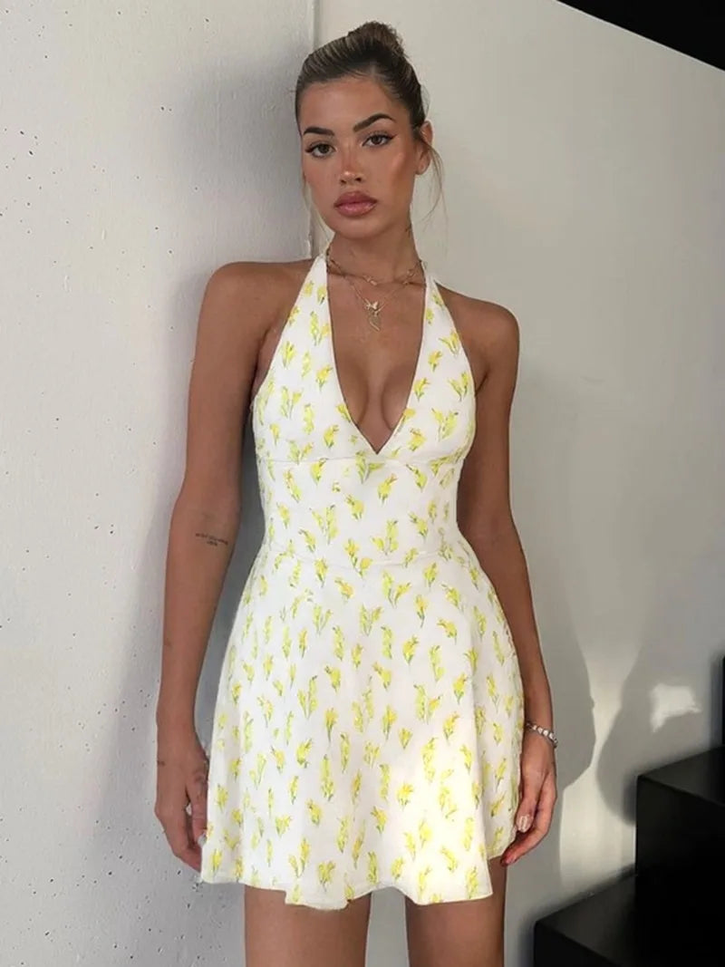 Yellow Floral Printed Skater Dress Sexy Deep V Neck Backless Short Summer Dresses Woman Clothing
