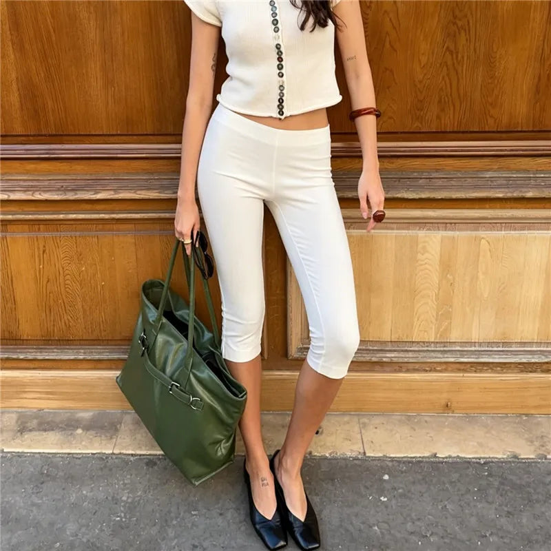 Women Basic Capri Leggings Solid Low Rise Elastic Waist Slim Knee Length Cropped Pants Y2K Casual Daily Street Trousers