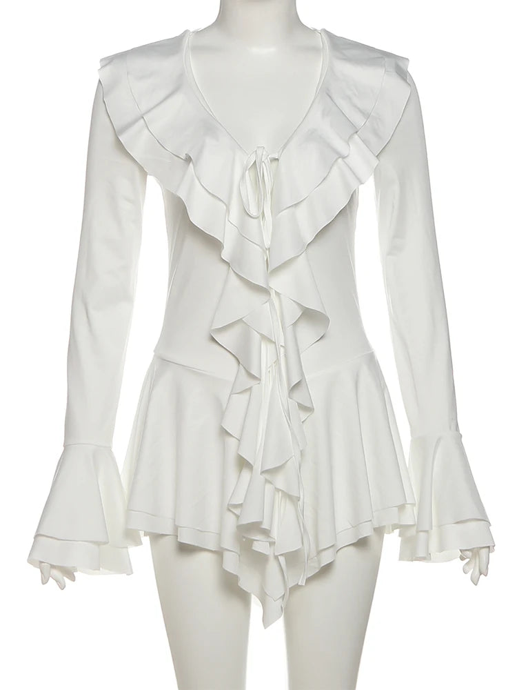 Tierred Irregular Hem Dress Women Y2K Flare Sleeve V-Neck Bandage Stretch Elegant Birthday Party Chic Hipster Bodycon