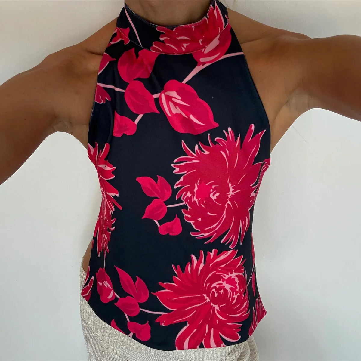 Boho Graphic Print Backless Camis Women Y2k Halter Tank Top Vintage Sleeveless Tie Up Crop Top Summer Vest Streetwear