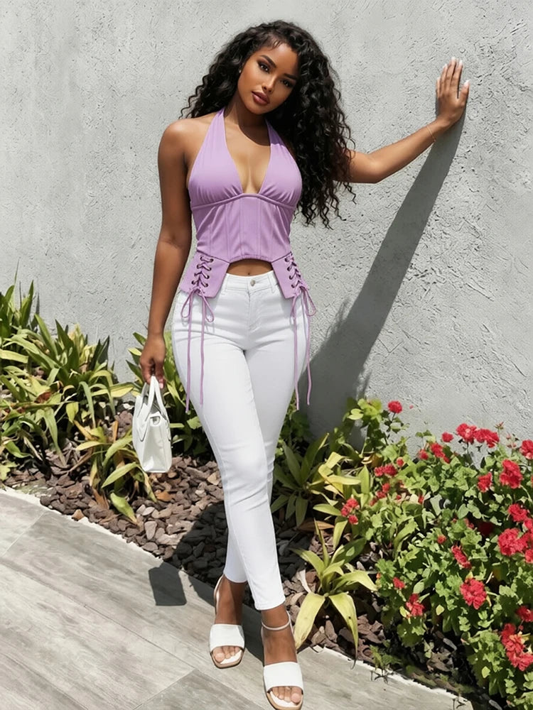 Cross Bandage Decoration Tank Tops Woman Summer Trend Halter Low-Neck Backless Irregular Shape Sexy Fashion Vests