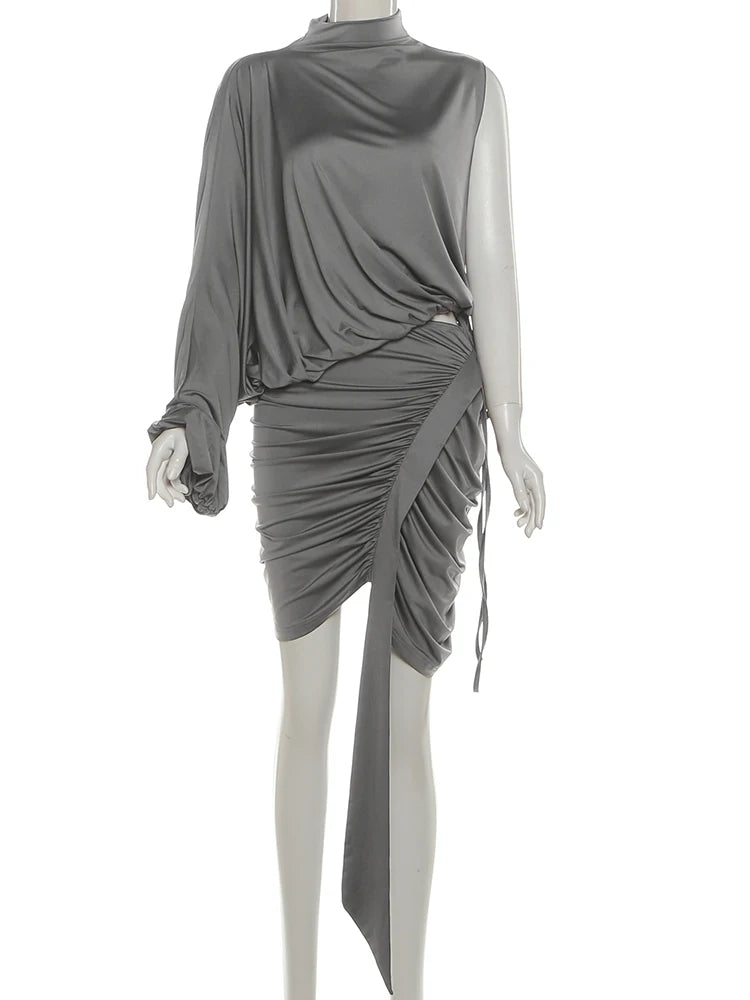 Sexy Irregular 2-Piece Set Women One shoulder Top+Shirring Ruched Peach Hip Skirt Matching Streetwear Elegant Outfits