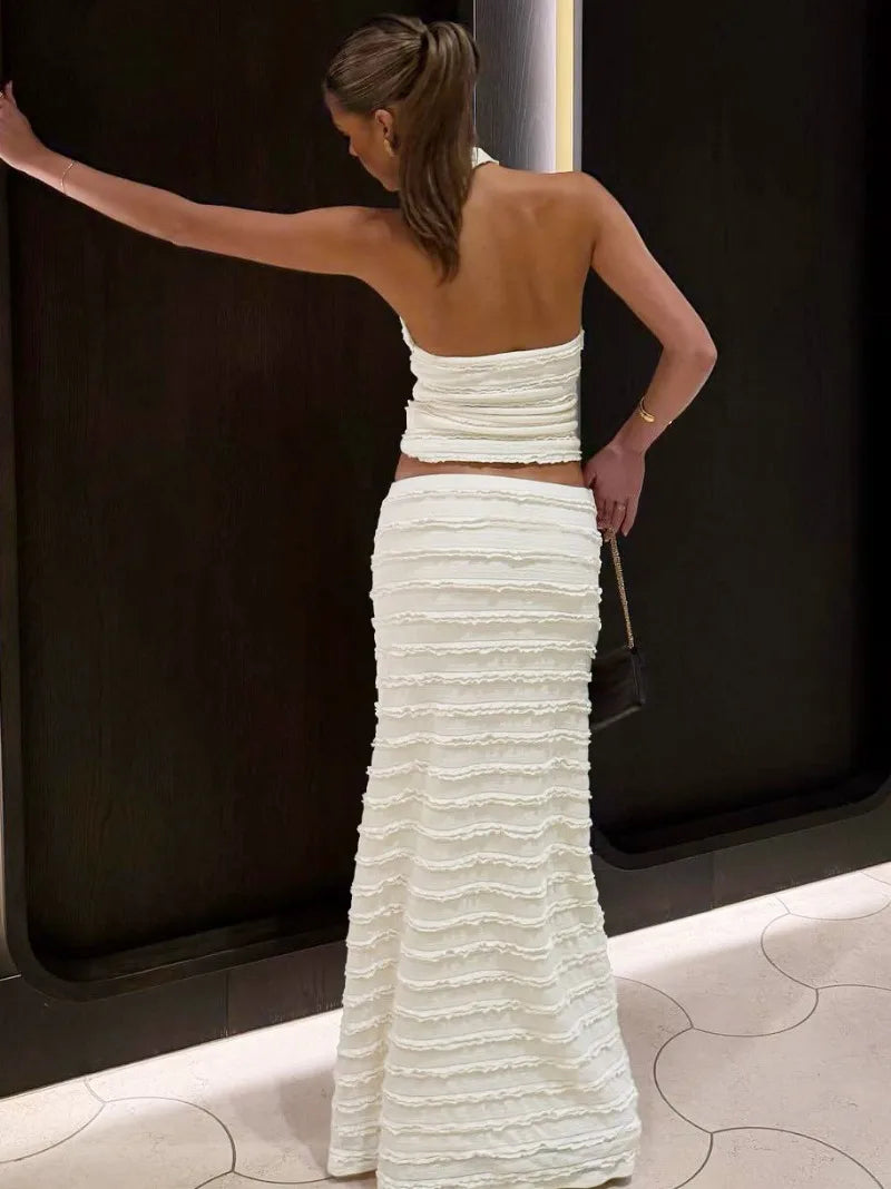 Sexy Two Piece Dress Frilly Long Skirt and Backless Halter Top Matching Sets Elegant Mermaid Outfit