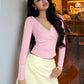 Lace Trim V Neck Long Sleeve Crop Tops Women's T-shirts Spring 2026 Fashion Clothes for Woman